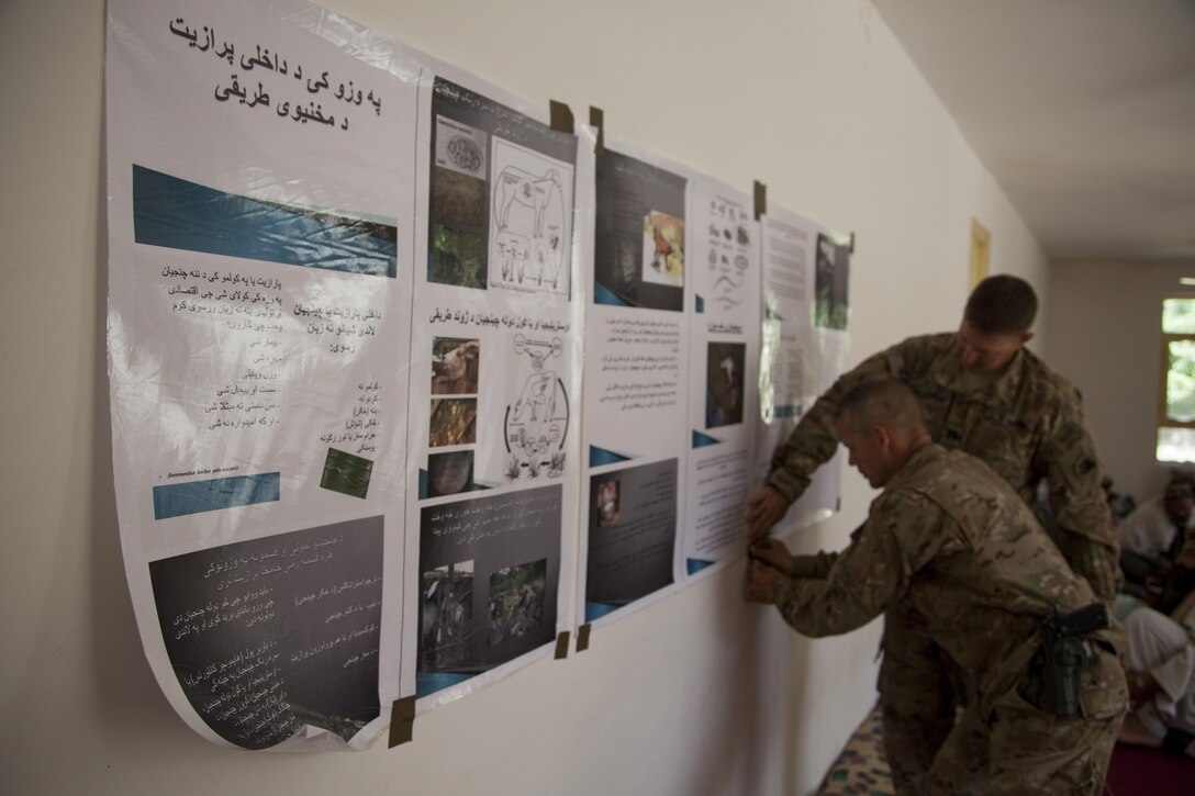 Educational posters are taped to a wall by U.S. Army Soldiers with Georgia Agricultural Development Team 3, Regimental Combat Team 7, conducting veterinary classes for staff members of the directorate of agricultural, irrigation and livestock in Kajaki, Afghanistan, April 24, 2013. The classes included treating parasites, deworming and aiding livestock with birthing problems. (U.S. Marine Corps photo by Cpl. Kowshon Ye/Released)
