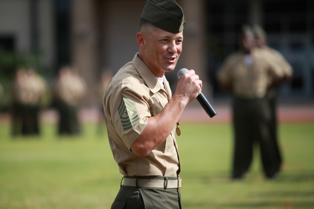 Sgt. Maj. Eric J. Kuhns, former Marine Corps Support Facility and Headquarters Battalion sergeant major of Marine Forces Reserve, makes his final remarks at his relief and appointment and retirement ceremony, at Marine Corps Support Facility New Orleans, July 22.  (Official Marine Corps photo by Cpl. Fenton Reese)
