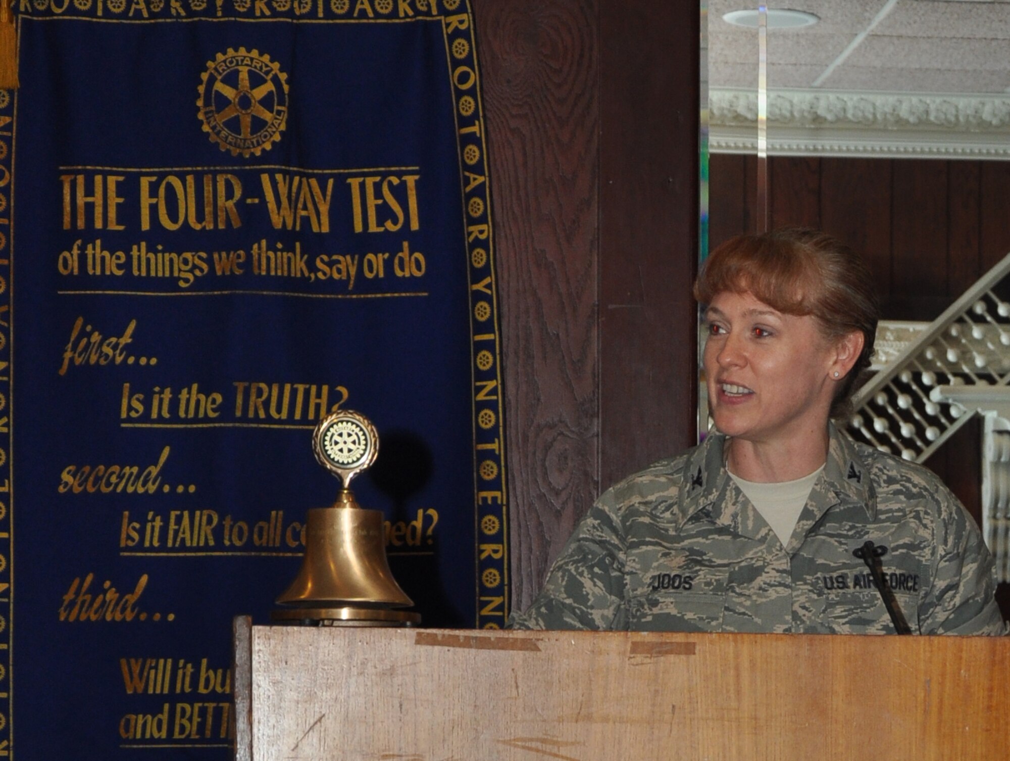 SAN ANGELO, Texas – Col. Kimberlee Joos, 17th Training Wing Commander, speaks during a San Angelo Rotary Club meeting at Zenter’s Daughter Steak House, July 19. At the rotary club meeting, Col. Joos met with local leaders and business professionals to introduce herself and to help them better understand Goodfellow’s missions. (U.S. Air Force photo/ Airman 1st Class Joshua Edwards)