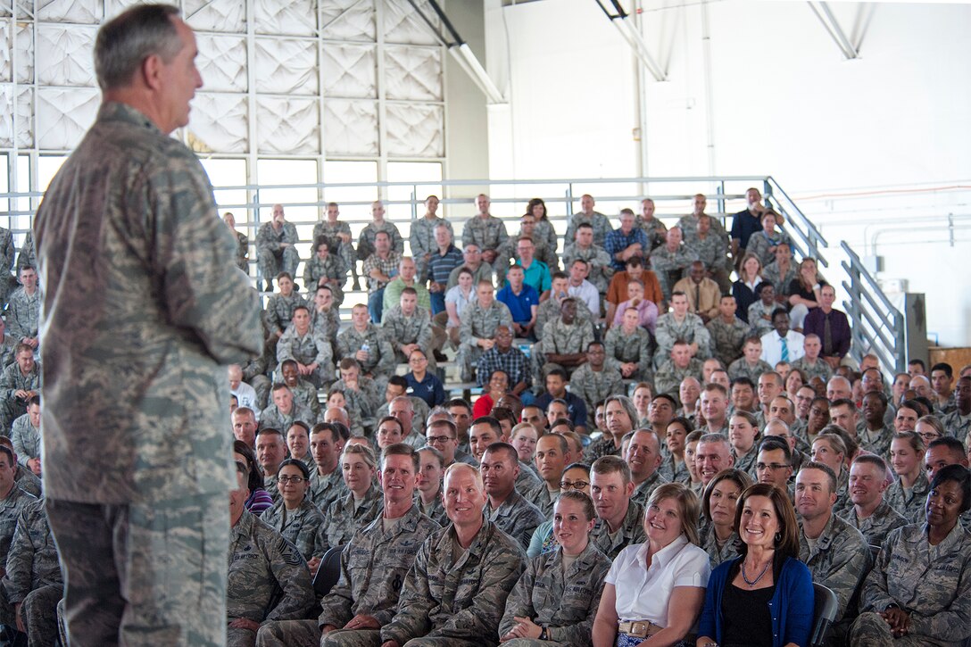 PETERSON AIR FORCE BASE Colo. – Chief of Staff of the Air Force Gen. Mark A. Welsh III speaks to the men and women of the 21st Space Wing during an Airman’s call July 18 here. Welsh left the audience with an inspiring message highlighting the importance that Airmen care for one another and how implementing effective changes across all ranks will only improve the Air Force for generations to come. (U.S. Air Force photo/Craig Denton)