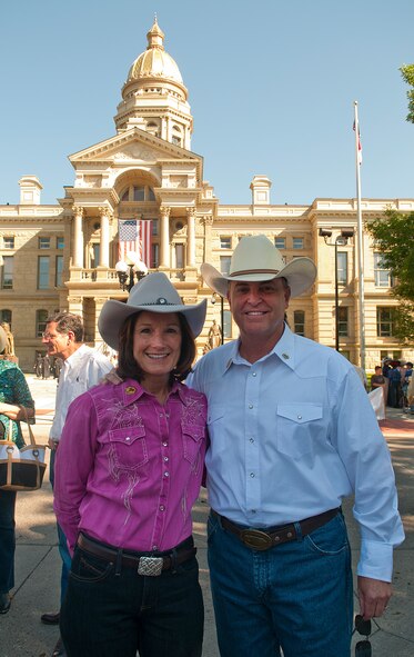 Air Force Chief of Staff Gen. Mark A. Welsh III and his wife, Betty, pose for a photograph in front of the Cheyenne, Wyo., Capitol Building prior to the start of the 117th annual Cheyenne Frontier Days parade. Welsh, who served as grand marshal for the opening parade, visited the region to participate in CFD events, but also to thank Airmen and the community for the continued service and support. (U.S. Air Force photo by R.J. Oriez)