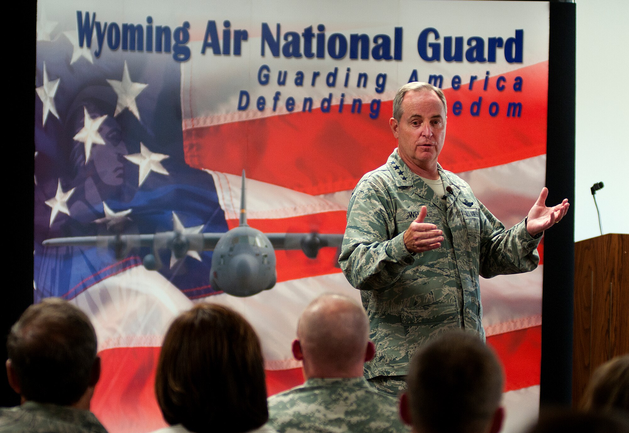 Air Force Chief of Staff Gen. Mark A. Welsh III speaks to members of the Wyoming Air National Guard after arriving at Cheyenne Regional Airport, Wyo., July 19, 2013. Welsh applauded the 153rd Airlift Wing's role in hosting the Air National Guard's first active duty associate unit, the 30th Airlift Squadron, as well as their contributions to ongoing firefighting efforts. He spoke about the important role each component plays in enabling airpower for the nation, while also addressing key issues affecting the service — like sequestration, furlough and sexual assault prevention response efforts. (U.S. Air Force photo by R.J. Oriez)