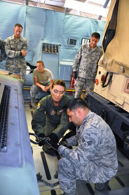 Staff Sgt. Rachel Jones (left), a load master with the 433rd Airlift Control Flight, trains Senior Airman Larry De Luna of the Texas Air National Guard as fellow Guardsmen Tech Sgts. Keith Harvey, Jessica Caldwell and Master Sgt. Francisco Rodriguez look on. Staff Sgt. Jones trained the Consequence Management Team from the Air Guard at the Training Loading Cargo Facility to use chains and hooks to secure their vehicles and trailers before venturing to the flight line to practice on an actual C-5 A Galaxy.  (U.S. Air Force Photo by Tech. Sgt. Carlos Trevino)