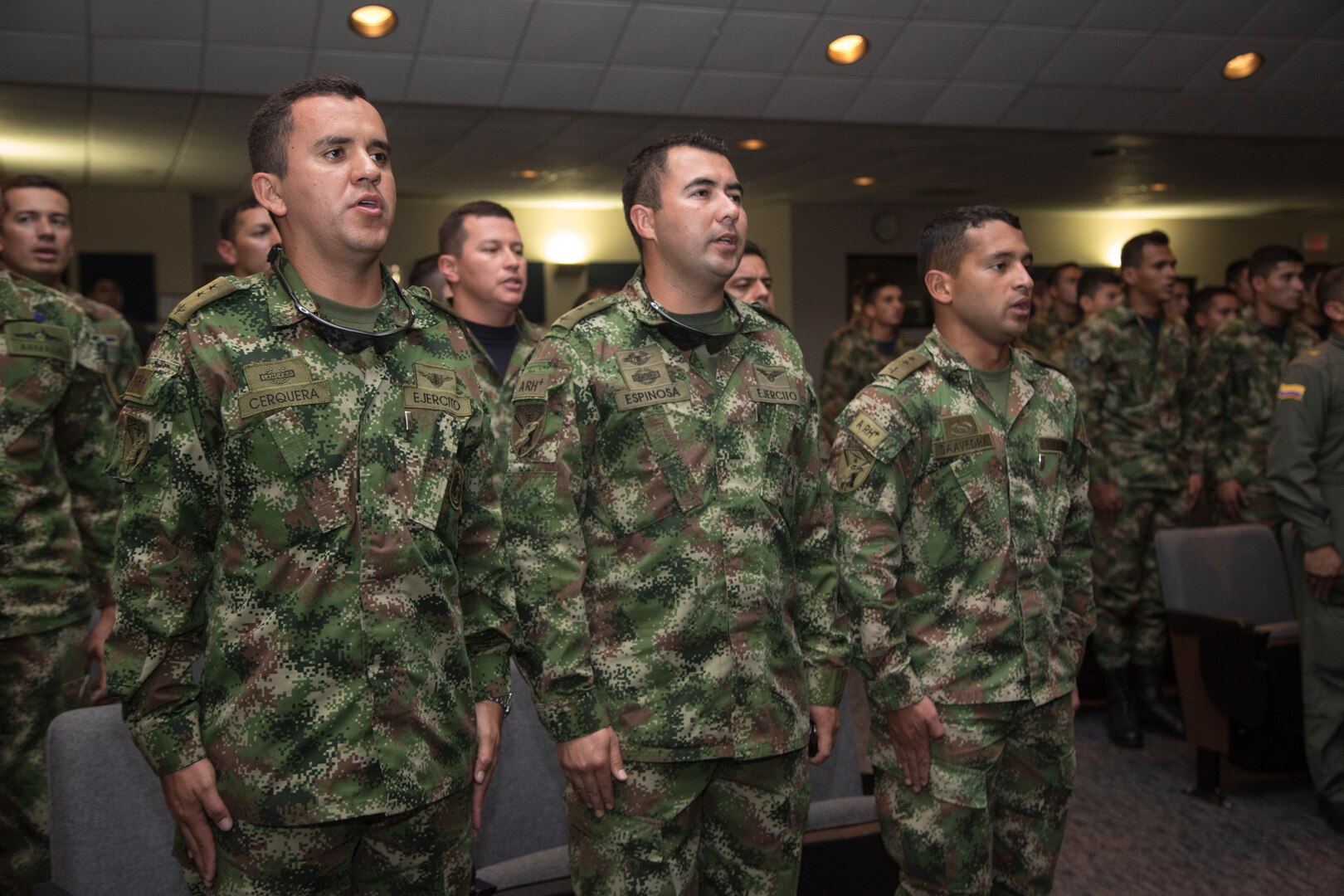 U.S. Air Force Airman and Columbian students from the Inter-American Air Forces Academy held and Independence Day celebration July 18 to commemorate the day Colombia gained independence from Spain. (U.S. Air Force photo by Joshua Rodriguez) (released)