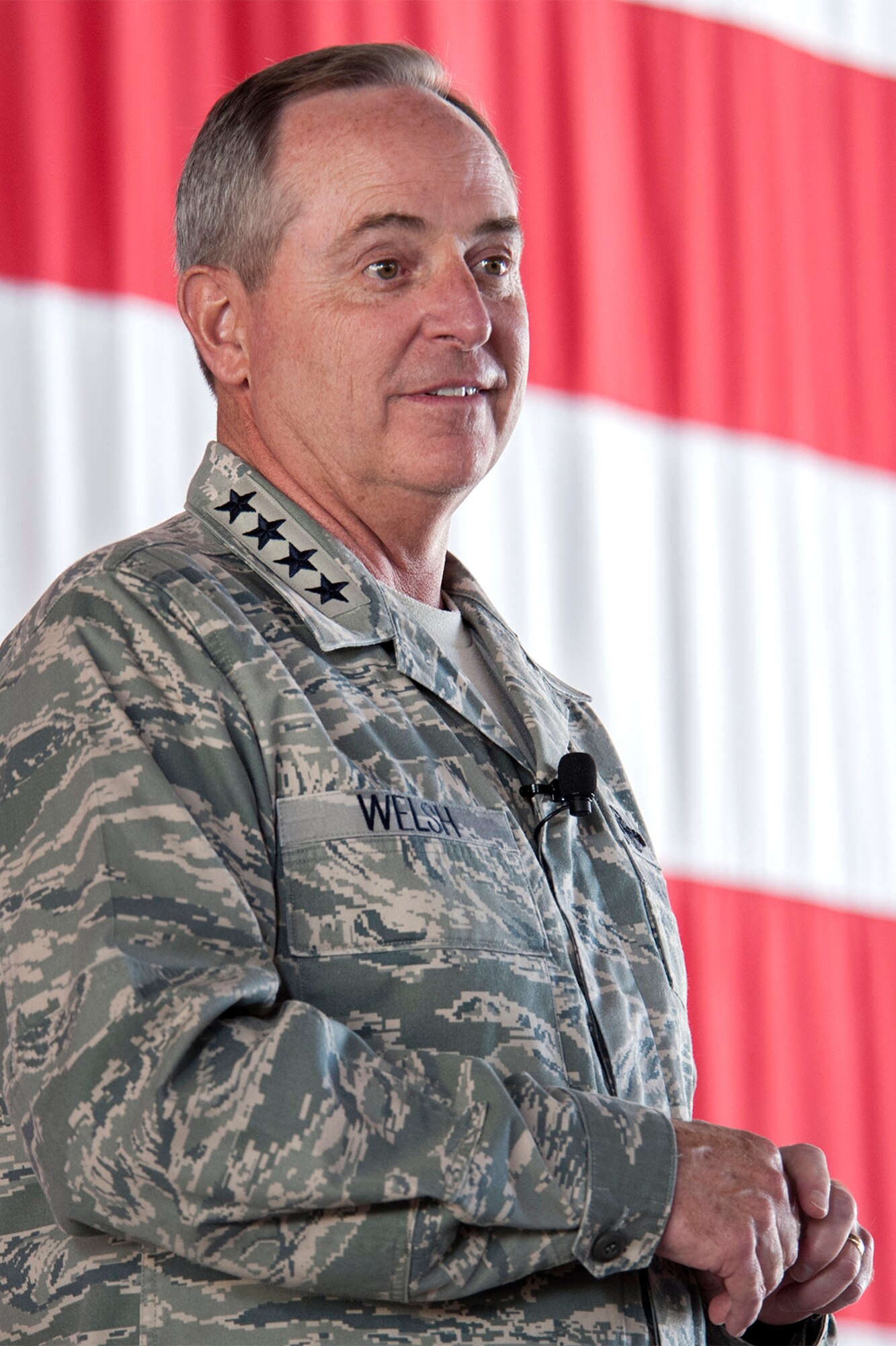 PETERSON AIR FORCE BASE Colo. – Chief of Staff of the Air Force Gen. Mark A. Welsh III speaks to the men and women of the 21st Space Wing during an Airman’s call July 18 here. Welsh left the audience with an inspiring message highlighting the importance that Airmen care for one another and how implementing effective changes across all ranks will only improve the Air Force for generations to come. (U.S. Air Force photo/Craig Denton)
