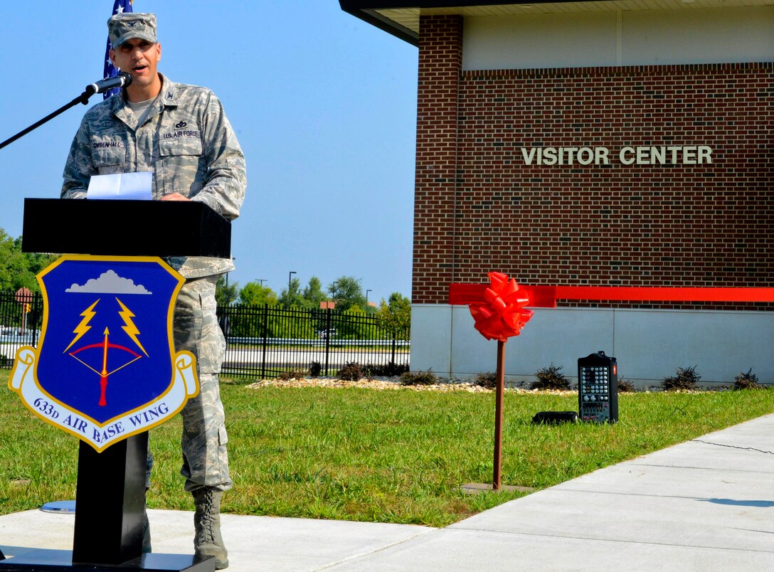 U.S. Air Force Col. David Chisenhall, 633rd Mission Support Group commander, speaks during a ribbon cutting ceremony at the newly-constructed LaSalle Avenue Gate at Langley Air Force Base, Va., July 19, 2013. The LaSalle Gate is fully operational and open 24 hours a day, while the Visitors’ Center is open Monday through Friday from 5 a.m. to 7 p.m., and Saturday and Sunday from 7:30 a.m. to 5 p.m. (U.S. Air Force photo by Airman 1st Class R. Alex Durbin/ Released)