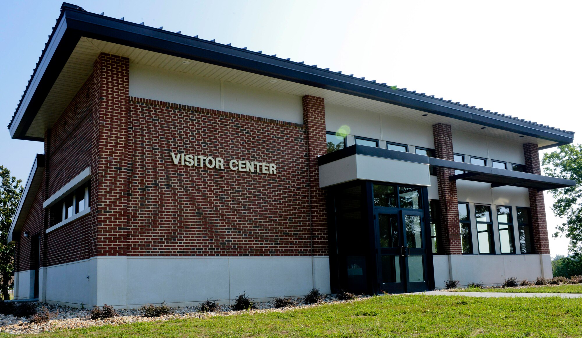 The newly-constructed 2,700 square-foot Visitors’ Center at the LaSalle Avenue Gate will serve as a fully-operational pass and identification center, providing an efficient, professional experience for those interested in entering the installation. Upon completion, the building received a silver Leadership in Energy and Environmental Design (LEED) rating from the U.S. Green Building Council.  (U.S. Air Force photo by Airman 1st Class R. Alex Durbin/ Released)