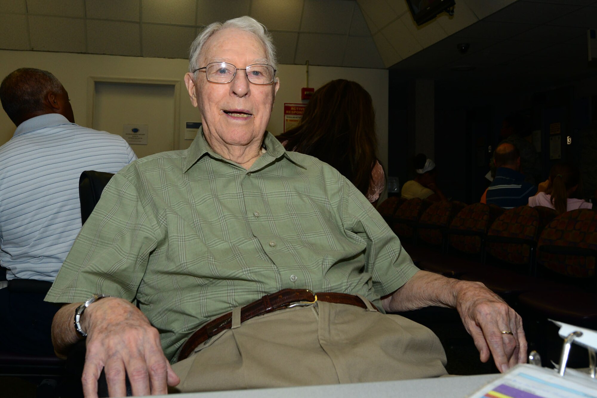 Retired U.S. Army Col. Edgar Wood is a WWII veteran who volunteers at the U.S. Air Force Hospital Langley as part of the 633rd Medical Group Retiree Volunteer Program. The 95-year-old has been a part of the program for the last 14 years. (U.S. Air Force photo by Staff Sgt. Ashley Hawkins/Released)