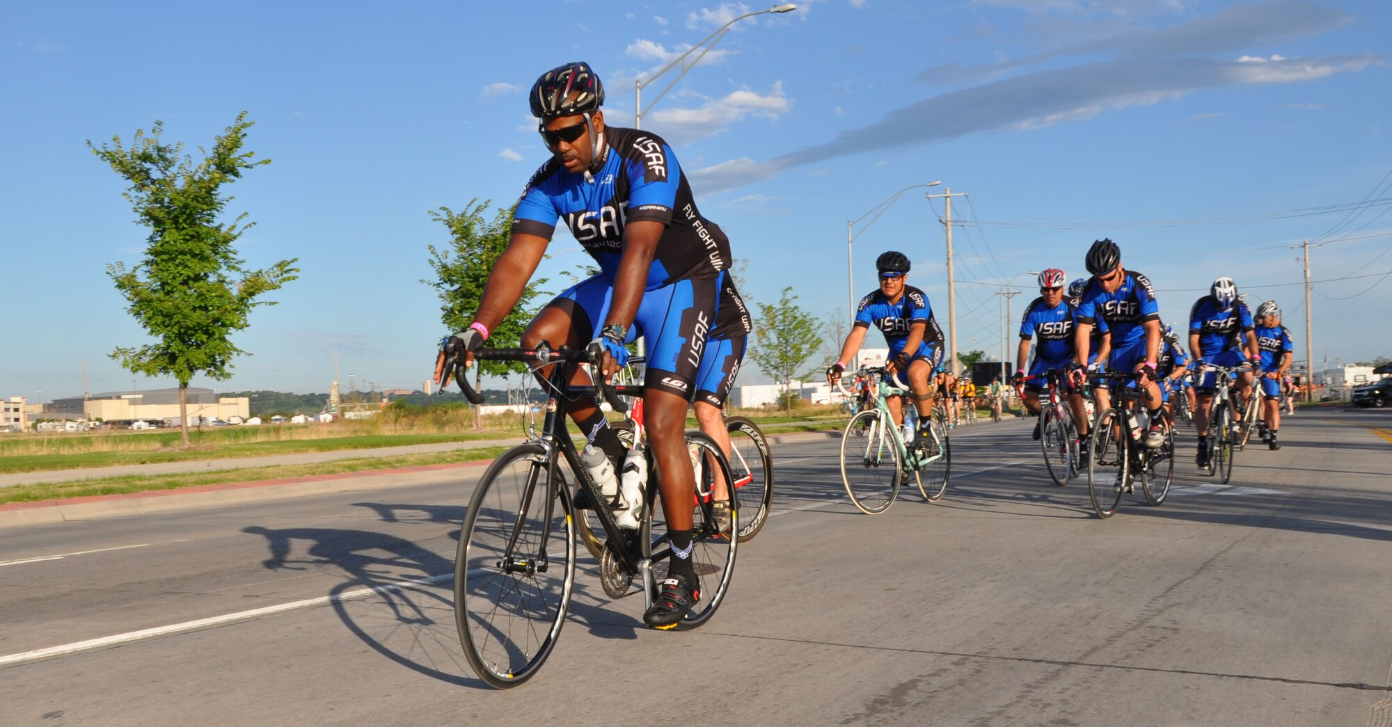 More than 90 Air Force members take off on the first day of the the Register's Annual Great Bicycle Ride Across Iowa at Council Bluffs, Iowa, July 20, 2013. The ride begins July 21 and ends July 27. This is the 19th year the Air Force has participated in the event, which began in 1973. (U.S. Air Force photo by Staff Sgt. Abigail Klein)