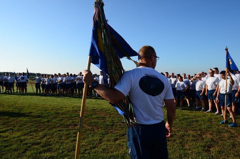 SPANGDAHLEM AIR BASE, Germany – U.S. Air Force Chief Master Sgt. Matthew Grengs, 52nd Fighter Wing command chief, talks to jody run participants after finishing the run July 19, 2013. Grengs thanked everyone for participating in the run and closed out the event with squadron cheers. (U.S. Air Force photo by Airman 1st Class Kyle Gese/Released)