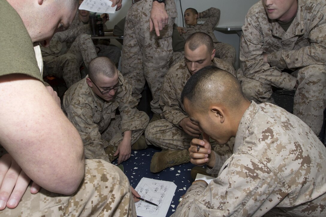 Marines and Sailors assigned to Battalion Landing Team 3/2, 26th Marine Expeditionary Unit (MEU), receive construction planning management classes in their berthing aboard the USS Kearsarge (LHD 3), while at sea, March 18, 2013. The 26th MEU is a Marine Air-Ground Task Force forward-deployed to the U.S. 5th and 6th Fleet area of responsibility aboard the Kearsarge Amphibious Ready Group serving as a sea-based, expeditionary crisis response force capable of conducting amphibious operations across the full range of military operations. (U.S. Marine Corps photo by Cpl. Kyle N. Runnels/Released)