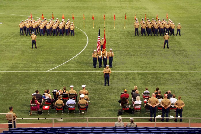 Maj. Christopher Tsirlis addresses ceremony attendees after taking command of Recruiting Station Twin Cities June 28 at Mall of America Field inside the Metrodome. For additional imagery from the event, visit www.facebook.com/rstwincities. 