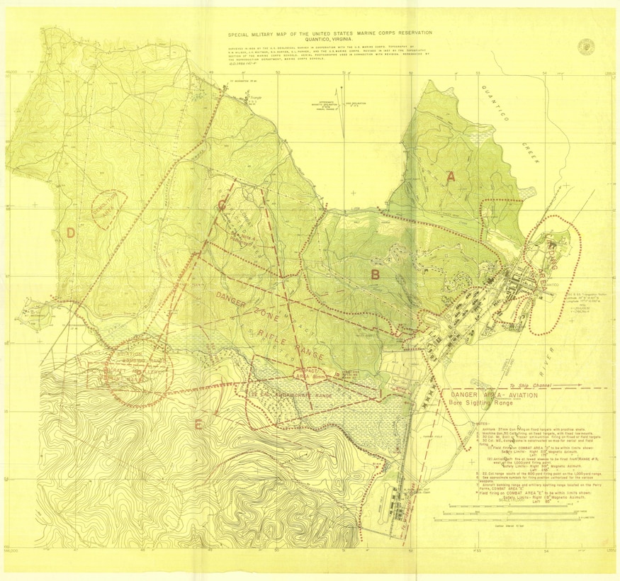 This map of Quantico in 1937 shows that much of what is now considered mainside of the base was once live-fire ranges. 
