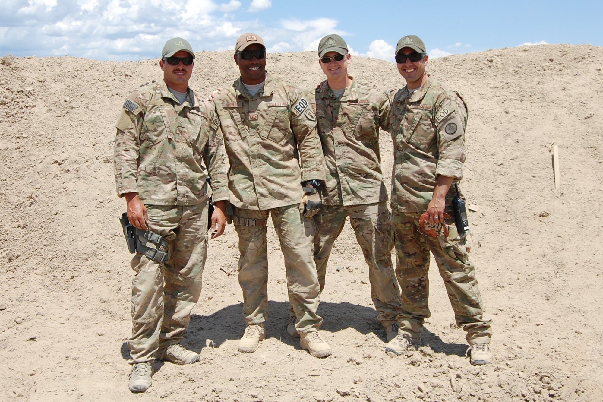 The 140th Wing’s 140th Explosive Ordnance Disposal Flight members from left to right: Airman 1st Class Darrell Linkus, Staff Sgt. Christopher Broyles, Tech. Sgt. Andrew LeBeau, and Master Sgt. Richard Gibbons. (U.S. Air National Guard photo by Capt. Kinder Blacke)
