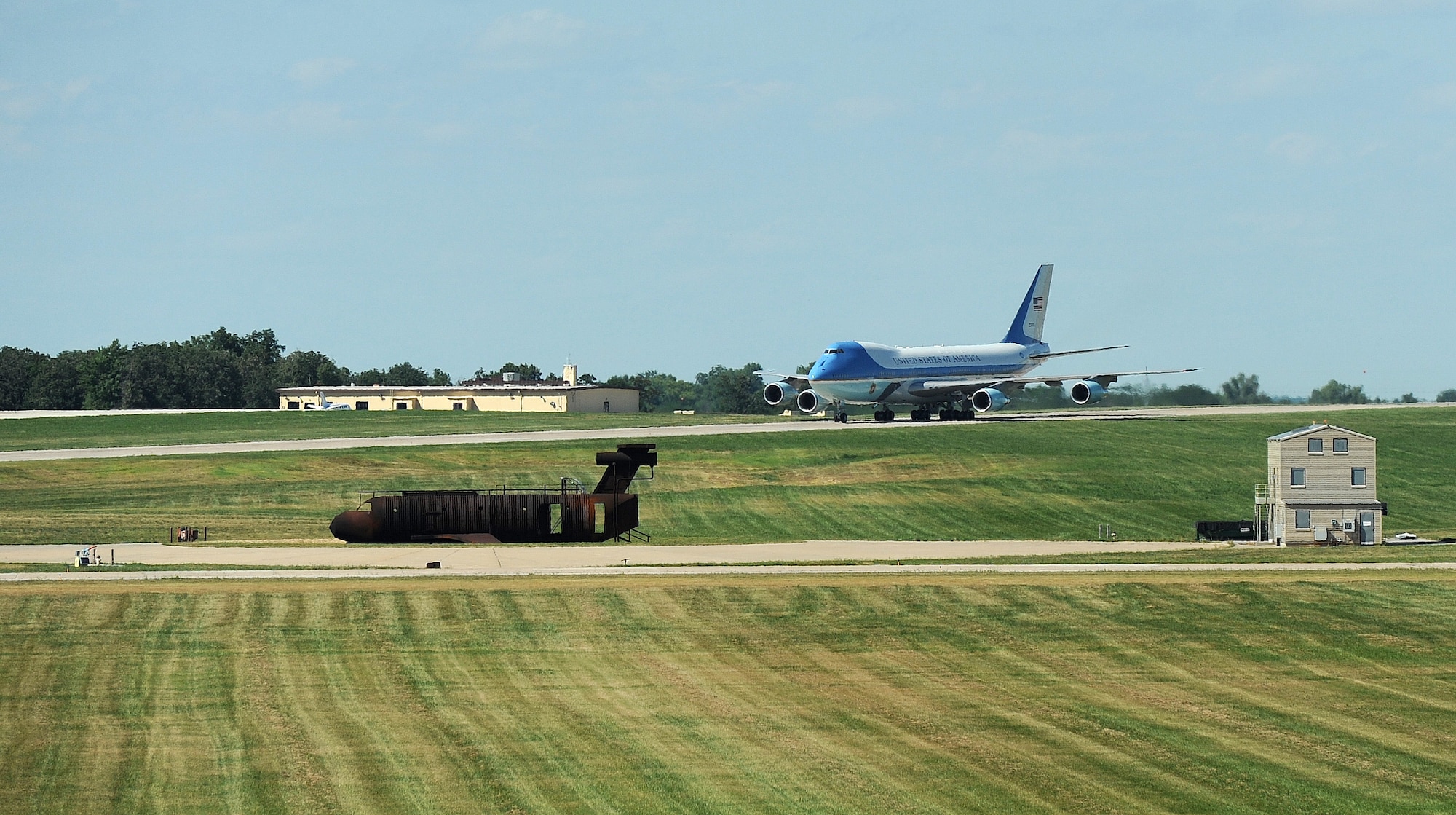 Air Force One taxis on the flightline at Whiteman Air Force Base, Mo., July 24, 2013. The mission of Air Force One is to provide air transport for the president of the United States. The presidential air transport fleet consists of two specially-configured Boeing 747s with tail numbers 28000 and 29000. When the president is aboard either aircraft, or any Air Force aircraft, the radio call sign is "Air Force One." (U.S. Air Force photo by Staff Sgt. Nick Wilson/Released)