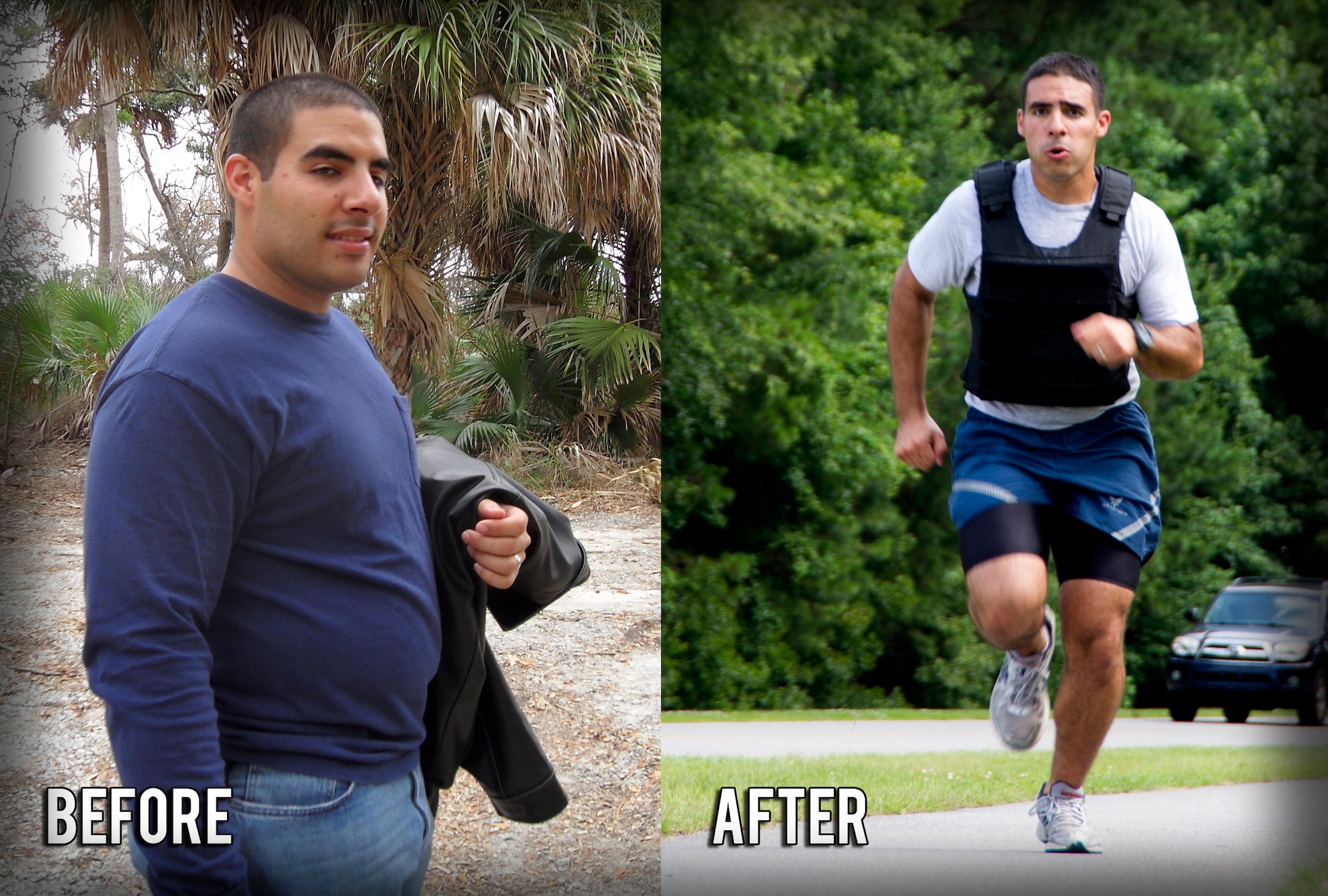 (Left) Senior Airman Jared Trimarchi, 628th Air Base Wing Public Affairs photo-journalist, weighed more than 250 pounds when he began his road to fitness, and today Trimarchi (right) has lost 62 pounds and continues to work out, eat healthy and help others reach their goals. (U.S. Air Force photo/ Senior Airman Melissa Goslin / U.S. Air Force graphic Airman 1st Class Tom Brading)