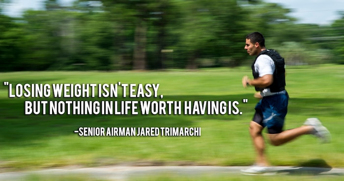 Senior Airman Jared Trimarchi, 628th Air Base Wing Public Affairs photo-journalist, runs along Arthur Drive at Joint Base Charleston – Air Base, S.C. Trimarchi properly runs with a 25 pounds vest to increase his speed, help his breathing and burn muscle fiber. Trimarchi lost 62 pounds on his road to fitness, and continues to work out, eat healthy and help others reach their goals. (U.S. Air Force photo/ Senior Airman Melissa Goslin / U.S. Air Force graphic Airman 1st Class Tom Brading)