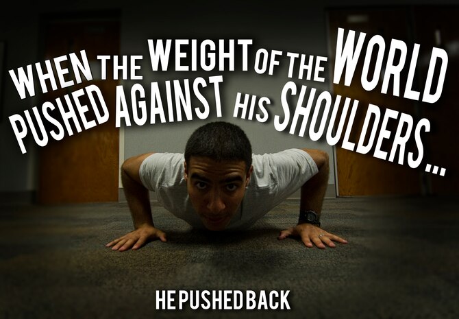 Senior Airman Jared Trimarchi, 628th Air Base Wing Public Affairs Public Affairs photo-journalist, completes a set of push-ups at the Joint Base Charleston – Air Base fitness center. Trimarchi lost 62 pounds on his road to fitness, and continues to work out, eat healthy and help others reach their goals. (U.S. Air Force photo/ Senior Airman Melissa Goslin / U.S. Air Force graphic Airman 1st Class Tom Brading )