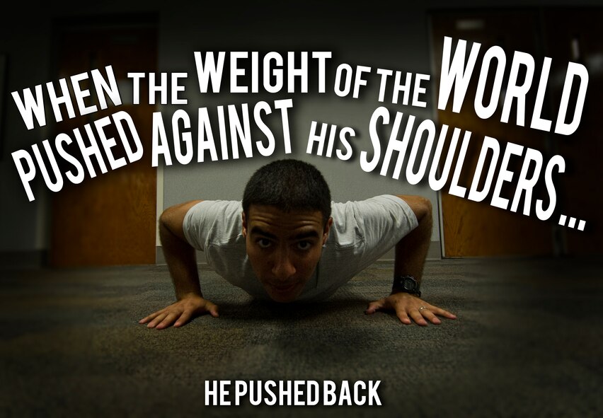 Senior Airman Jared Trimarchi, 628th Air Base Wing Public Affairs Public Affairs photo-journalist, completes a set of push-ups at the Joint Base Charleston – Air Base fitness center. Trimarchi lost 62 pounds on his road to fitness, and continues to work out, eat healthy and help others reach their goals. (U.S. Air Force photo/ Senior Airman Melissa Goslin / U.S. Air Force graphic Airman 1st Class Tom Brading )