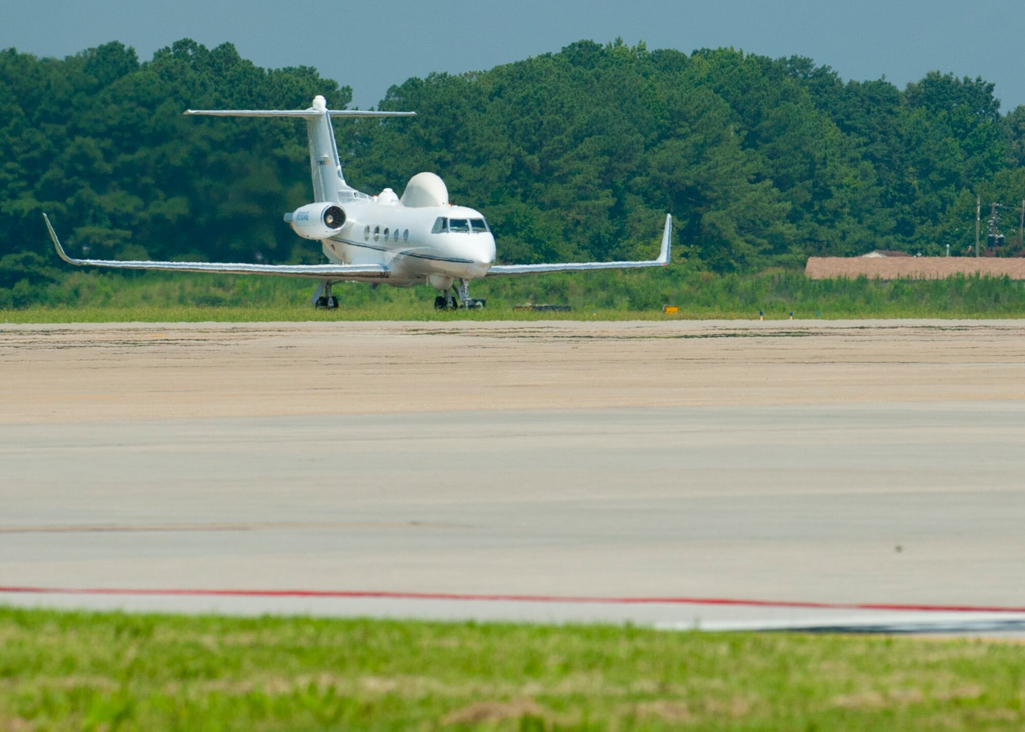 A gulfstream series jet returns from flying in support of the Trident Warrior exercise at Langley Air Force Base, Va., July 18, 2013. The gulfstream served as a communication hub while testing the Joint Tactical Information Distribution System, a network radio system designed to meet the requirements of modern tactical air combat. (U.S. Air Force photo by Staff Sgt. John D. Strong II / Released)