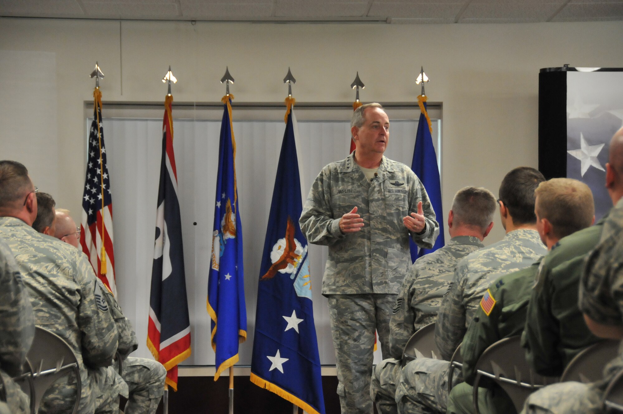 Air Force Chief of Staff Gen. Mark A. Welsh III addresses Airmen of the 153rd Airlift Wing, Wyoming Air National Guard, during an Airman's call July 19, 2013 in Cheyenne, Wyo. Welsh thanked the 153rd AW, discussed Air Force priorities and answered questions from the audience. (U.S. Air National Guard photo by Senior Airman Nichole Grady)