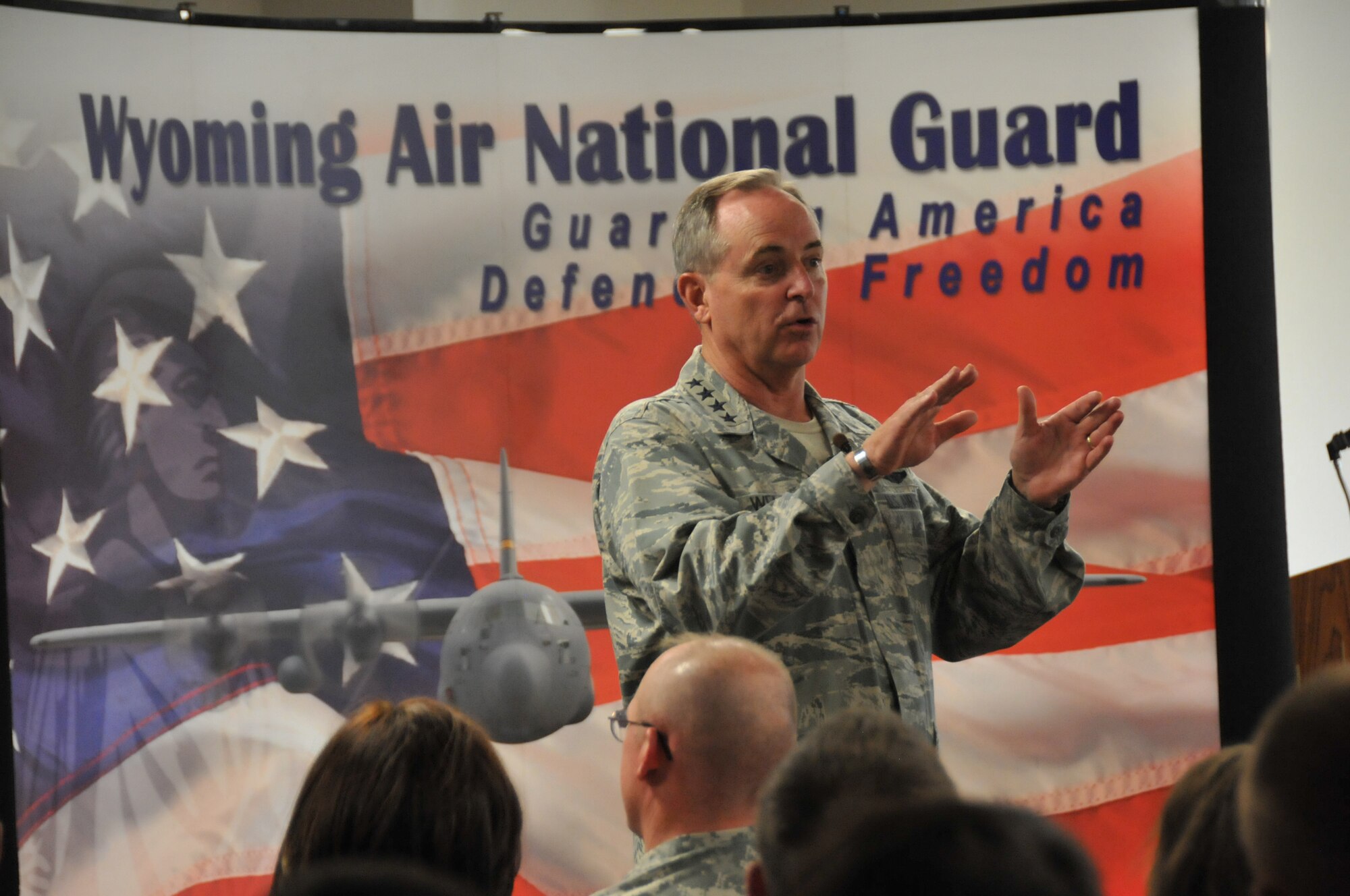 Air Force Chief of Staff Gen. Mark A. Welsh III addresses Airmen of the 153rd Airlift Wing, Wyoming Air National Guard, during an Airman's call July 19, 2013 in Cheyenne, Wyo. Welsh thanked the 153rd AW, discussed Air Force priorities and answered questions from the audience. (U.S. Air National Guard photo by Senior Airman Nichole Grady)