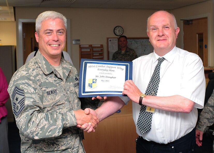 RAF MENWITH HILL, United Kingdom -- John Straughair, 421st Civil Engineer Squadron, was named May’s 501st CSW Everyday Hero from the 421st Air Base Group. (U.S. Air Force photo by Staff Sgt. Debbie Lockhart)