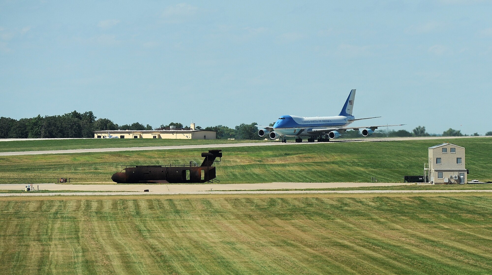 Air Force One taxis on the flightline at Whiteman Air Force Base, Mo., July 24, 2013. The mission of Air Force One is to provide air transport for the president of the United States. The presidential air transport fleet consists of two specially-configured Boeing 747s with tail numbers 28000 and 29000. When the president is aboard either aircraft, or any Air Force aircraft, the radio call sign is "Air Force One." (U.S. Air Force photo by Staff Sgt. Nick Wilson/Released)