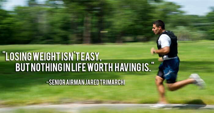 Senior Airman Jared Trimarchi, 628th Air Base Wing Public Affairs photo-journalist, runs along Arthur Drive at Joint Base Charleston – Air Base, S.C. Trimarchi properly runs with a 25 pounds vest to increase his speed, help his breathing and burn muscle fiber. Trimarchi lost 62 pounds on his road to fitness, and continues to work out, eat healthy and help others reach their goals. (U.S. Air Force photo/ Senior Airman Melissa Goslin / U.S. Air Force graphic Airman 1st Class Tom Brading)