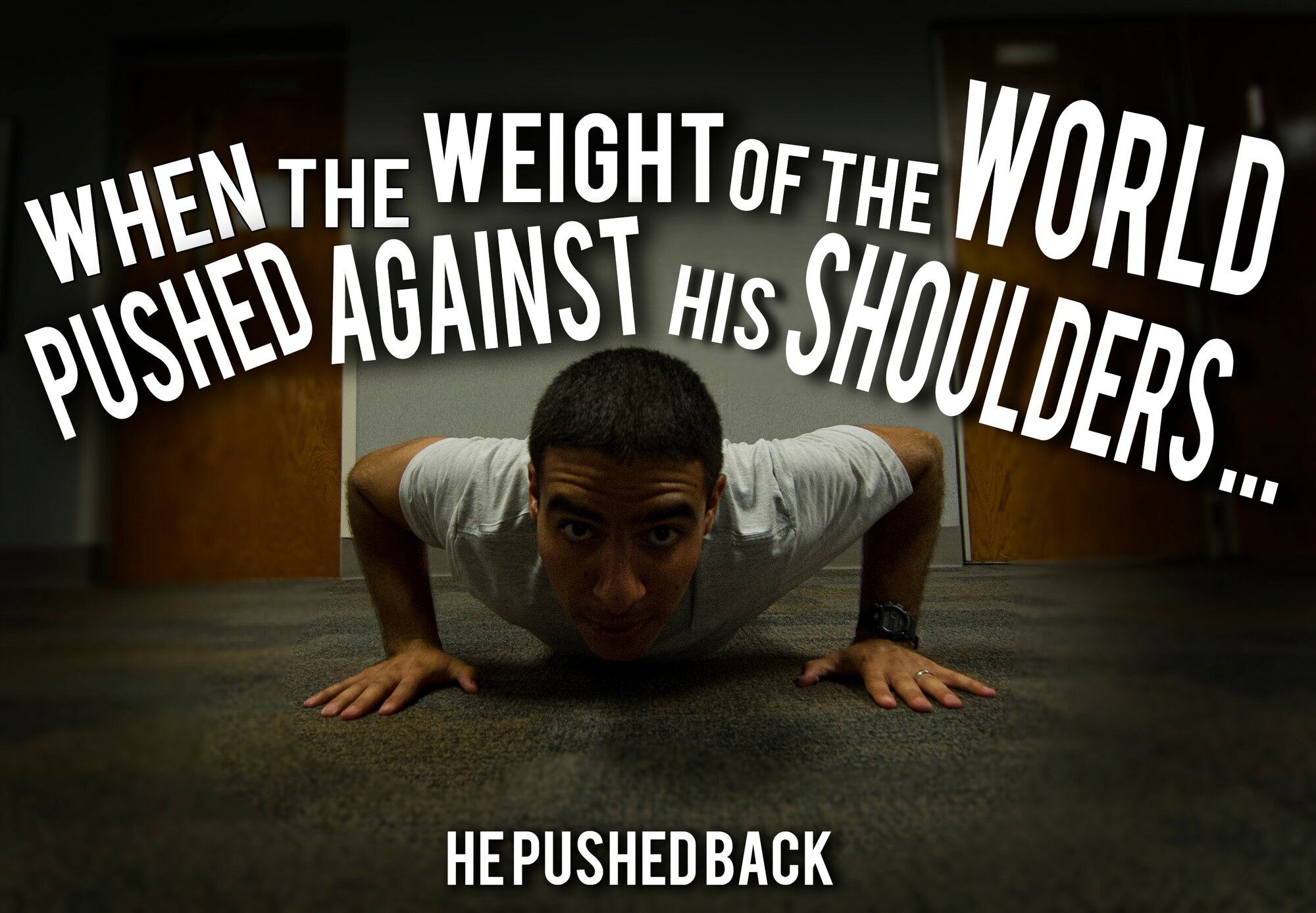 Senior Airman Jared Trimarchi, 628th Air Base Wing Public Affairs Public Affairs photo-journalist, completes a set of push-ups at the Joint Base Charleston – Air Base fitness center. Trimarchi lost 62 pounds on his road to fitness, and continues to work out, eat healthy and help others reach their goals. (U.S. Air Force photo/ Senior Airman Melissa Goslin / U.S. Air Force graphic Airman 1st Class Tom Brading )