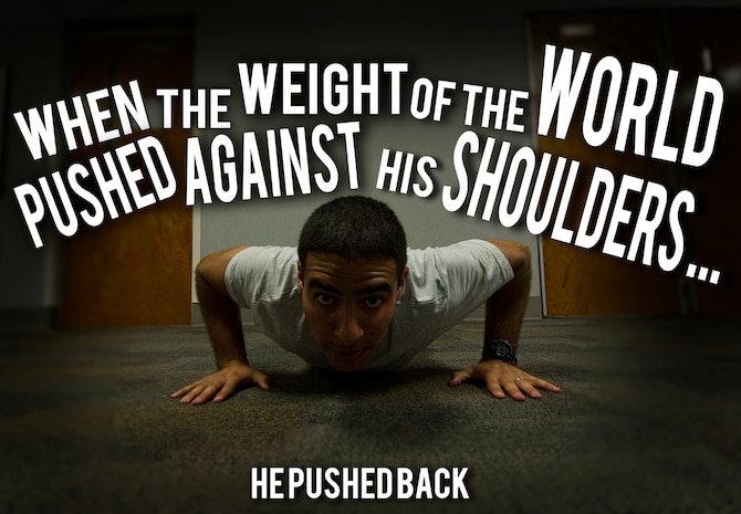 Senior Airman Jared Trimarchi, 628th Air Base Wing Public Affairs Public Affairs photo-journalist, completes a set of push-ups at the Joint Base Charleston – Air Base fitness center. Trimarchi lost 62 pounds on his road to fitness, and continues to work out, eat healthy and help others reach their goals. (U.S. Air Force photo/ Senior Airman Melissa Goslin / U.S. Air Force graphic Airman 1st Class Tom Brading )