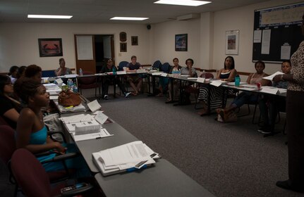 Fourteen Airmen attend the Sexual Assault Prevention and Response class July 24, 2013, at Joint Base Charleston – Air Base, S.C. SARCs and Victim Advocates are available at Department of Defense installations to assist victims of sexual assault. The JB Charleston SARC can be reached at 843-963-7272 and DOD has a 24-hour hotline at 1-800-342-9647. (U.S. Air Force photo/Senior Airman Ashlee Galloway)