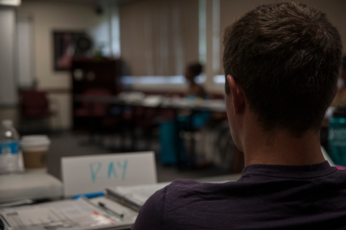 Capt. Raymond Stone, 14th Airlift Squadron pilot, attends the Sexual Assault Prevention and Response class along with 13 other JB Charleston personnel July 24, 2013, at Joint Base Charleston – Air Base S.C. SARCs and Victim Advocates are available for service members at Department of Defense installations to assist victims of sexual assault. The JB Charleston SARC can be reached at 843-963-7272 and DOD has a 24-hour hotline at 1-800-342-9647. (U.S. Air Force photo/Senior Airman Ashlee Galloway)