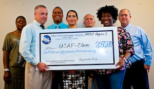 Members of U.S. Air Force Legal Operations Agency, Medical Cost Reimbursement Program pose for a photo at Langley Air Force Base, Va., July 24, 2013. The MCRP has collected $2 million of the $16.6 million collected across the U.S. for the fiscal year. (U.S. Air Force photo by Airman Areca T. Wilson/Released)