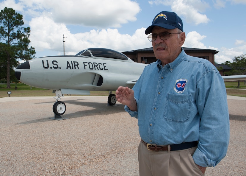 U.S. Air Force retired Lt. Col. Jack Doub, Misty forward air controller (FAC), recalls his time flying the F-100 Super Sabre during the Vietnam War June 21, 2013, at Moody Air Force Base, Ga. Misty FACs were a  group of all-volunteer pilots recruited to fly low-elevation missions collecting enemy information for ground commanders to send to their troops. (U.S. Air Force photo by Senior Airman Eileen Meier/Released)