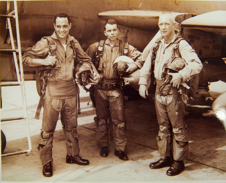 (Left to right) Misty forward air controllers (FACs) U.S. Air Force Maj. Jack Doub, Capt. Gary Tompkins and Capt. Frank Loftus, stand in front of an F-100 Super Sabre at Bien Hoa Air Base, Vietnam, in 1967. During the Vietnam War, Misty FACs provided detailed coordination to attacking aircraft and ground troops by operating at low-level altitudes in the F-100. (Courtesy photo)