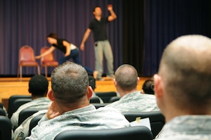 Continuing the “We are Family” campaign, the Sexual Assault Prevention and Response office sponsored a visit from “Sex Signals,” an improvisational comedy group to Langley Air Force Base, Va., July 22, 2013. The 60-day campaign will continue to focus on revitalizing the wingman culture at Langley. (U.S. Air Force photo by Airman 1st Class Victoria H. Taylor/Released)