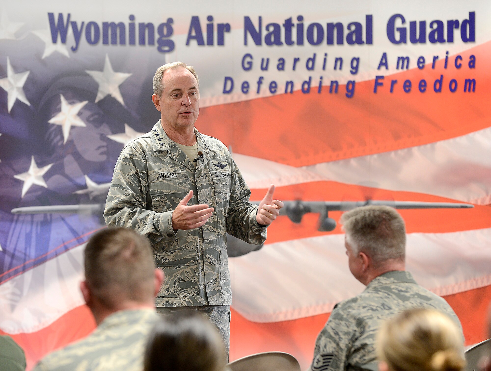 Air Force Chief of Staff Gen. Mark A. Welsh III speaks to members of the Wyoming Air National Guard after arriving at Cheyenne Regional Airport, Wyo., July 19, 2013. Welsh applauded the 153rd Airlift Wing's role in hosting the Air National Guard's first active duty associate unit, the 30th Airlift Squadron, as well as their contributions to ongoing firefighting efforts.  He spoke about the important role each component plays in enabling airpower for the nation, while also addressing key issues affecting the service -- like sequestration, furlough and sexual assault prevention response efforts. (U.S. Air Force photo by Scott M. Ash)