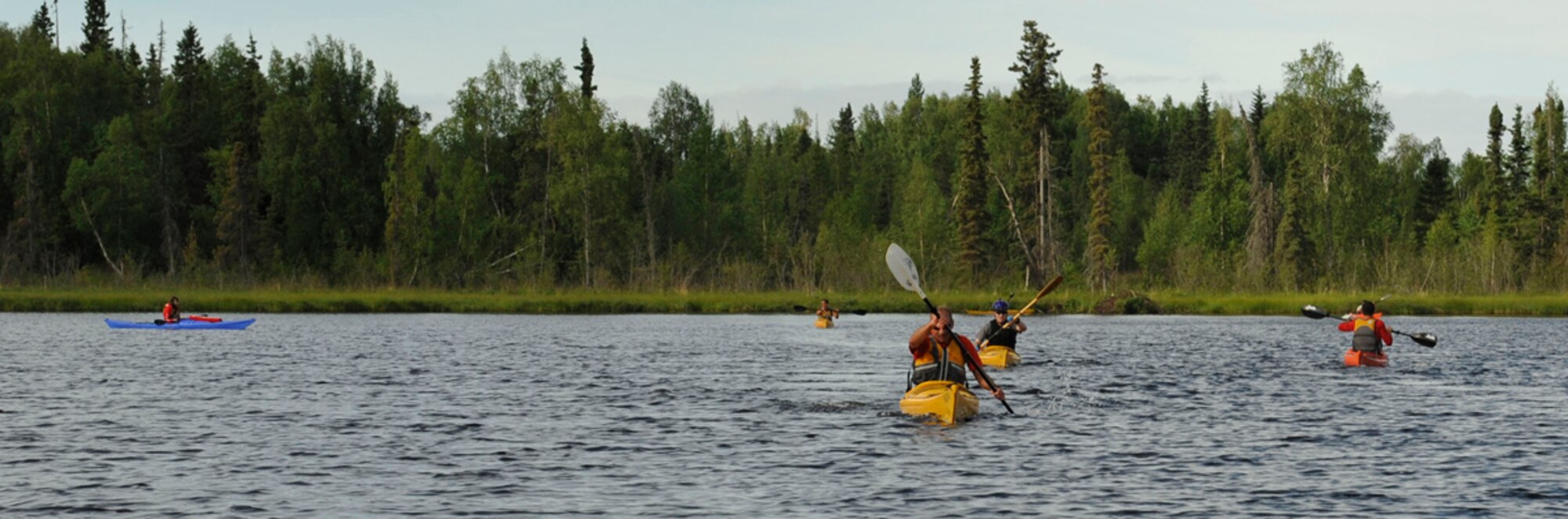 JOINT BASE ELMENDORF-RICHARDSON, Alaska-- Military members participate in the kayak challenge during the Eco Challenge event at Hillberg Ski Area on Joint Base Elmendorf-Richardson July 19. The Eco Challenge was a four-part event that included running, bike riding, hiking and kayaking. This was the first year no individuals fell into the water during the kayaking challenge. (U.S. Air Force photo/ Airman 1st Class Tammie Ramsouer)