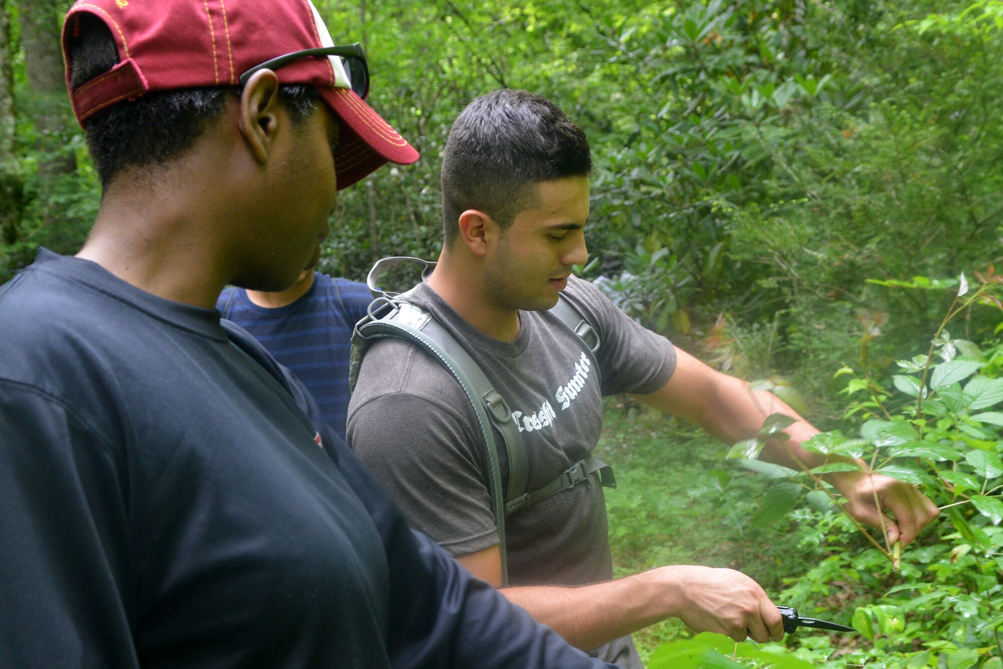 U.S. Air Force Senior Airman Allan Rodriguez, 20th Medical Logistics Readiness Squadron medical material journeyman, cuts a twig off of a branch while hiking, Bryson City, N.C., July 21, 2013. The Shaw Air Force Base chapel sponsored the out-of-town opportunity for Team Shaw single service members to focus on resiliency, physical challenge and social growth.(U.S. Air Force photo by Airman 1st Class Ashley L. Gardner/Released)