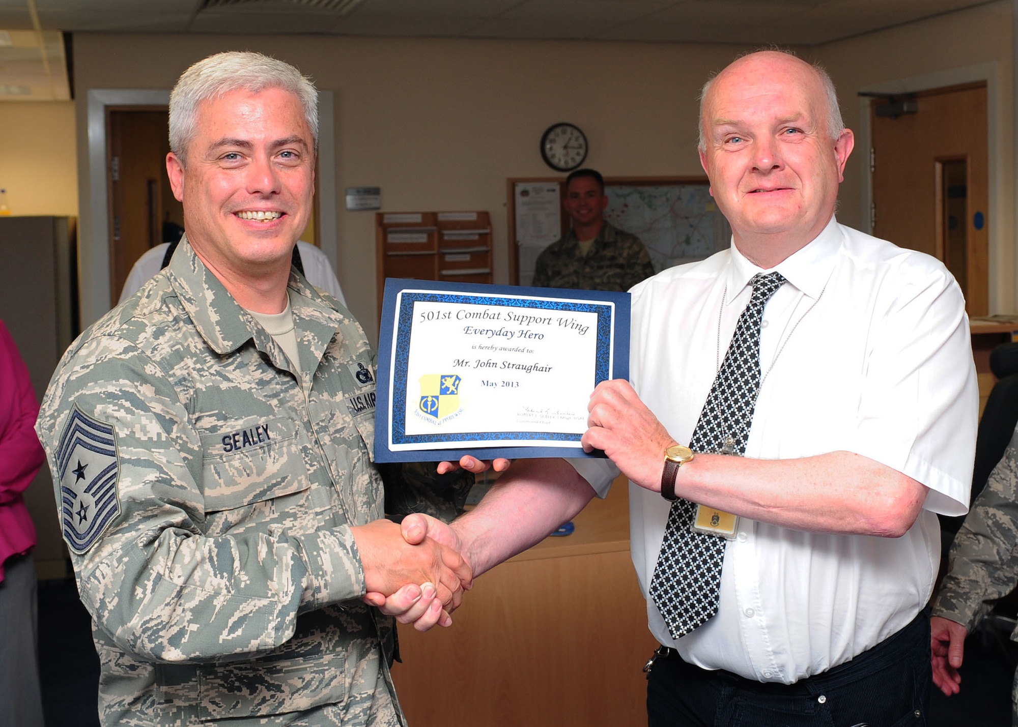 RAF MENWITH HILL, United Kingdom -- John Straughair, 421st Civil Engineer Squadron, was named May’s 501st CSW Everyday Hero from the 421st Air Base Group. (U.S. Air Force photo by Staff Sgt. Debbie Lockhart)
