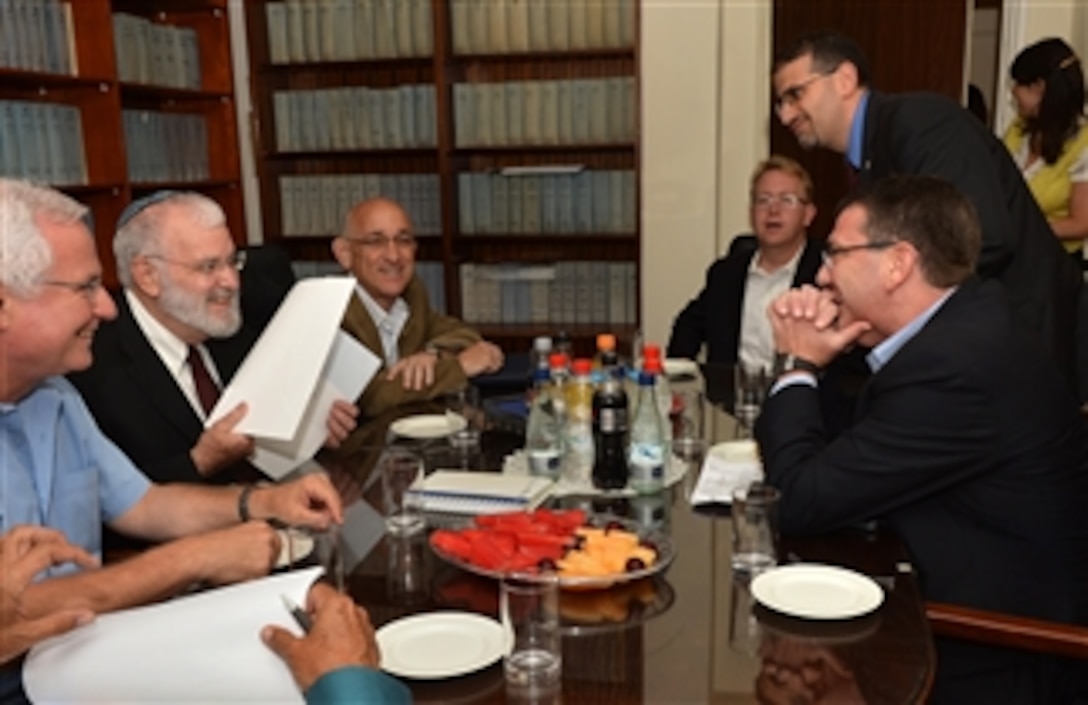 Deputy Secretary of Defense Ashton B. Carter, right, meets with Israeli National Security Advisor Yaakov Amidror, second from left, in Jerusalem, Israel on July 22, 2013.  Carter is on his first official trip to Israel where he will discuss the situations in Syria and Iran and reaffirm the U.S.-Israeli defense relationship.  