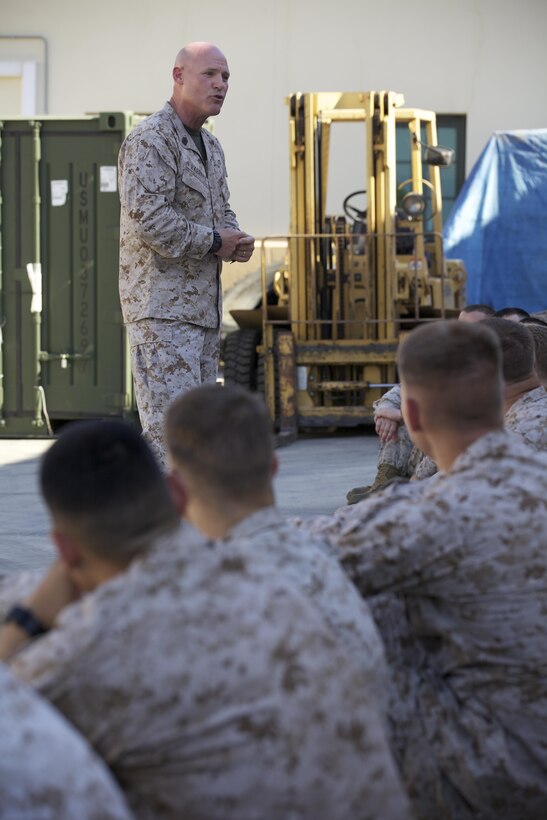 Sgt. Maj. Micheal P. Barrett, the 17th Sergeant Major of the Marine Corps, addresses Marines and Sailors with the Special-Purpose Marine Air Ground Task Force Crisis Response at the Naval Air Station in Sigonella, Italy on June 16, 2013. (U.S. Marine Corps photo by Sgt. Mallory S. VanderSchans)
