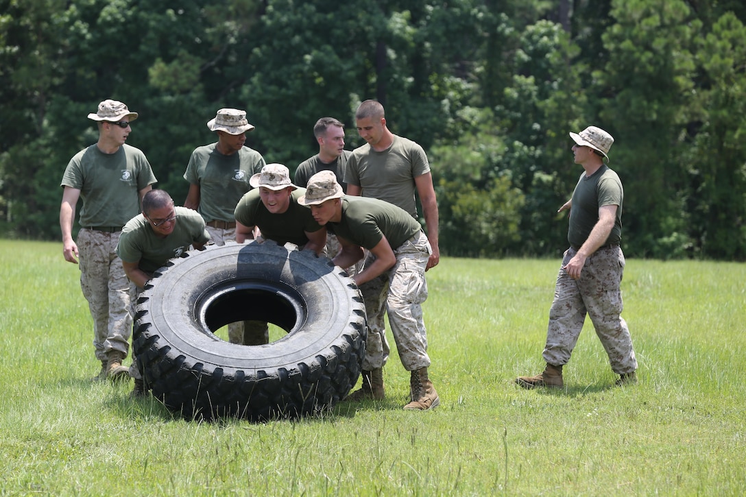 (Right) A team of Marines push a tire during the logistics relay portion of 2nd Low Altitude Air Defense Battalion’s squad competition July 18. Marines had to move a log, sandbags and a tire across a field as a team. 