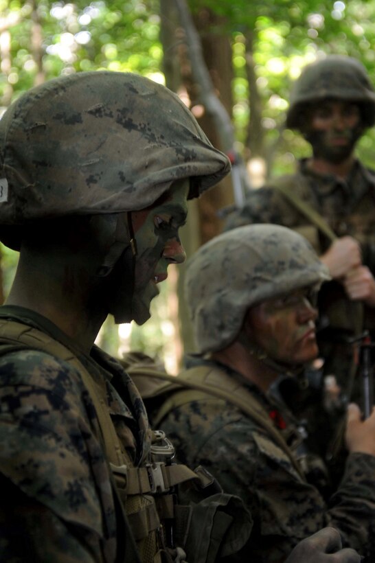 James Christy, Charlie Co. candidate, reviews a plan with his unit during his company’s second Small Unit Leadership Evaluation aboard Marine Corps Base Quantico on July 25, 2013. The event evaluates leadership, command presence, communication and decision making.