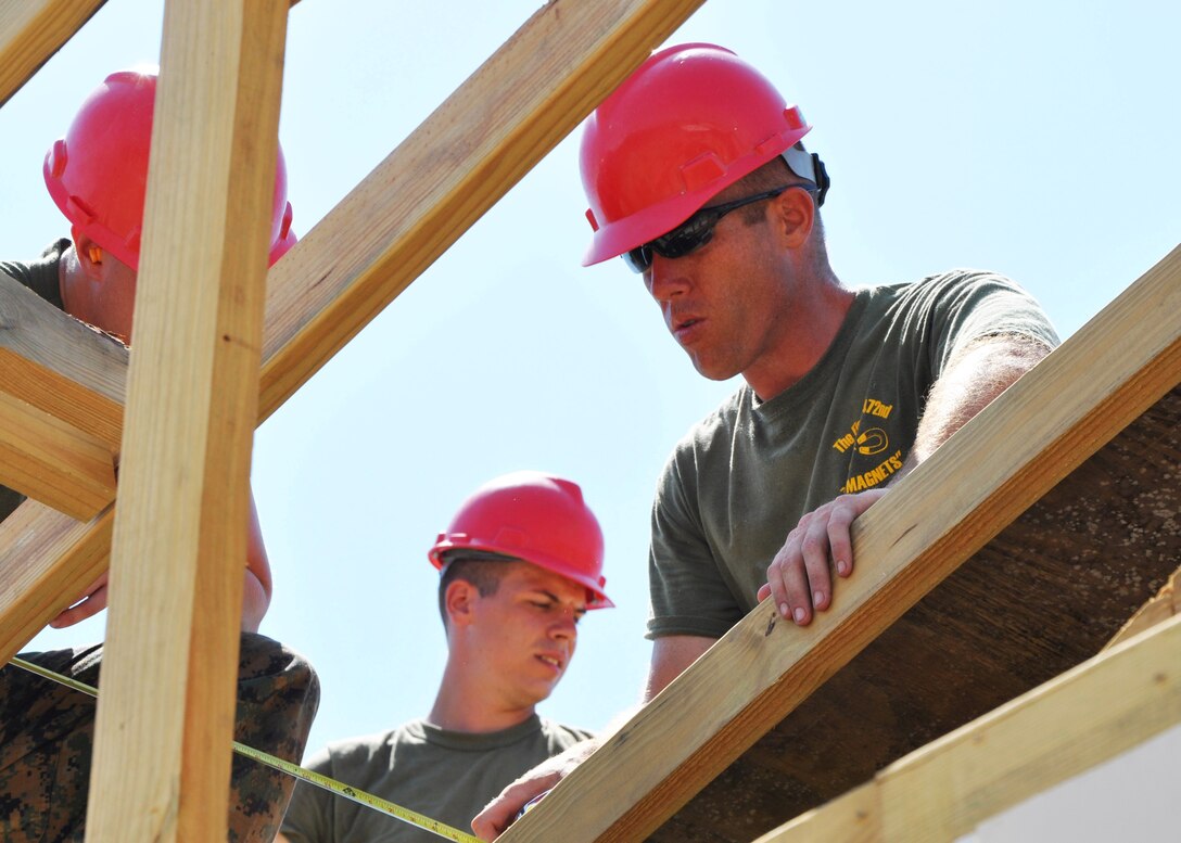U.S. Marine Corps Sgt. Christopher Johnson (Right), a combat engineer from Marine Wing Support Squadron 472, measures the length of the roof in order to cut roof decking for installation at Ladyville Technical High School, May 14.  Engineers from both the U.S. and Belize are constructing various structures at schools throughout Belize as part of exercise New Horizons. (U.S. Air Force photo by Capt. Holly Hess/Released)
