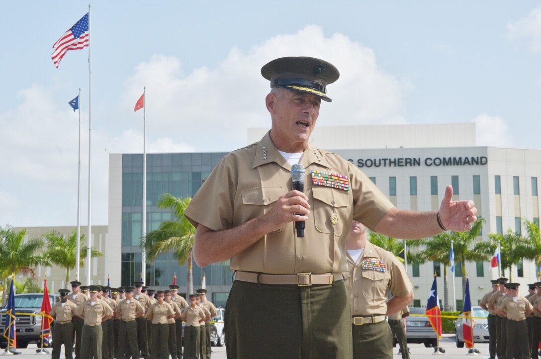 U.S. Marine Corps General John F. Kelly, commander, U.S. Southern Command, addresses the audience during the U.S. Marine Corps Forces South change of command ceremony here, June 21.  Brig. Gen. W. Blake Crowe relinquished command of U.S. Marine Corps Forces South to Brig. Gen. David Coffman during a change of command ceremony at the U.S. Southern Command headquarters.  (U.S. Army photo by Juan Chiari/Released)