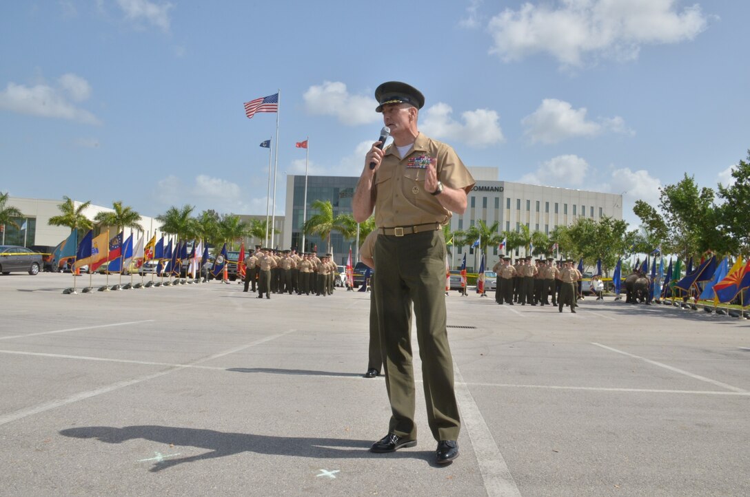 Brig. Gen. David Coffman addresses the audience during a change of command ceremony here, June 21.  Brig. Gen. W. Blake Crowe relinquished command of U.S. Marine Corps Forces South to Brig. Gen. David Coffman during a change of command ceremony at the U.S. Southern Command headquarters.  (U.S. Army photo by Juan Chiari/Released)