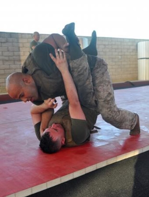 Sergeant Julio Acevedo, (top) the noncommissioned officer in charge of the administration office on Marine Corps Logistics Base Barstow, Calif., grapples with Pfc. Garrett White, a combat correspondent on the base, July 23. The Marines were practicing moves from the Marine Corps Martial Arts Program to enhance their skills.


