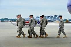 A U.S. Army carry team transfers the remains of Army Spc. Rob L. Nichols, of Colorado Springs, Colo.,at Dover Air Force Base, Del., July 25, 2013. Nichols was assigned to the 3rd Battalion, 15th Infantry Regiment, 4th Infantry Brigade Combat Team, 3rd Infantry Division, Fort Stewart, Ga. (U.S. Air Force photo/David Tucker)

